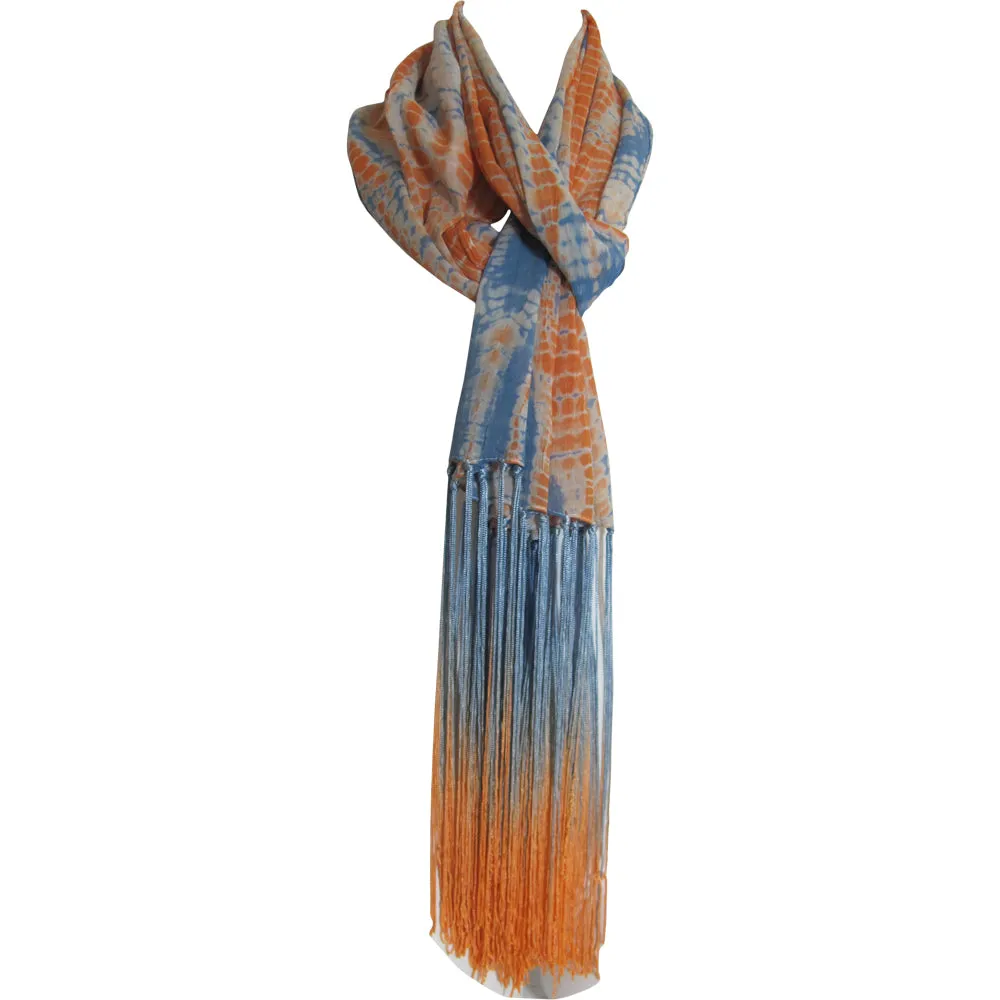 Blue & Orange Tie-Dye Soft Indian Cotton Long Fringe Scarf Stole JK140