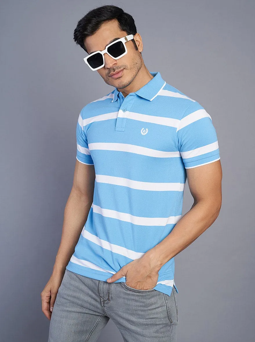 Blue Striped Slim Fit Polo T-Shirt | Greenfibre