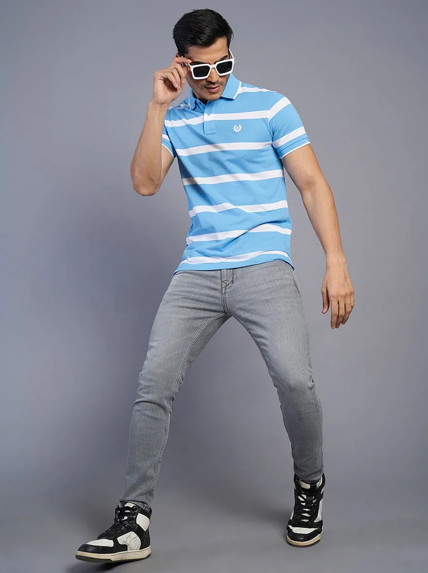 Blue Striped Slim Fit Polo T-Shirt | Greenfibre