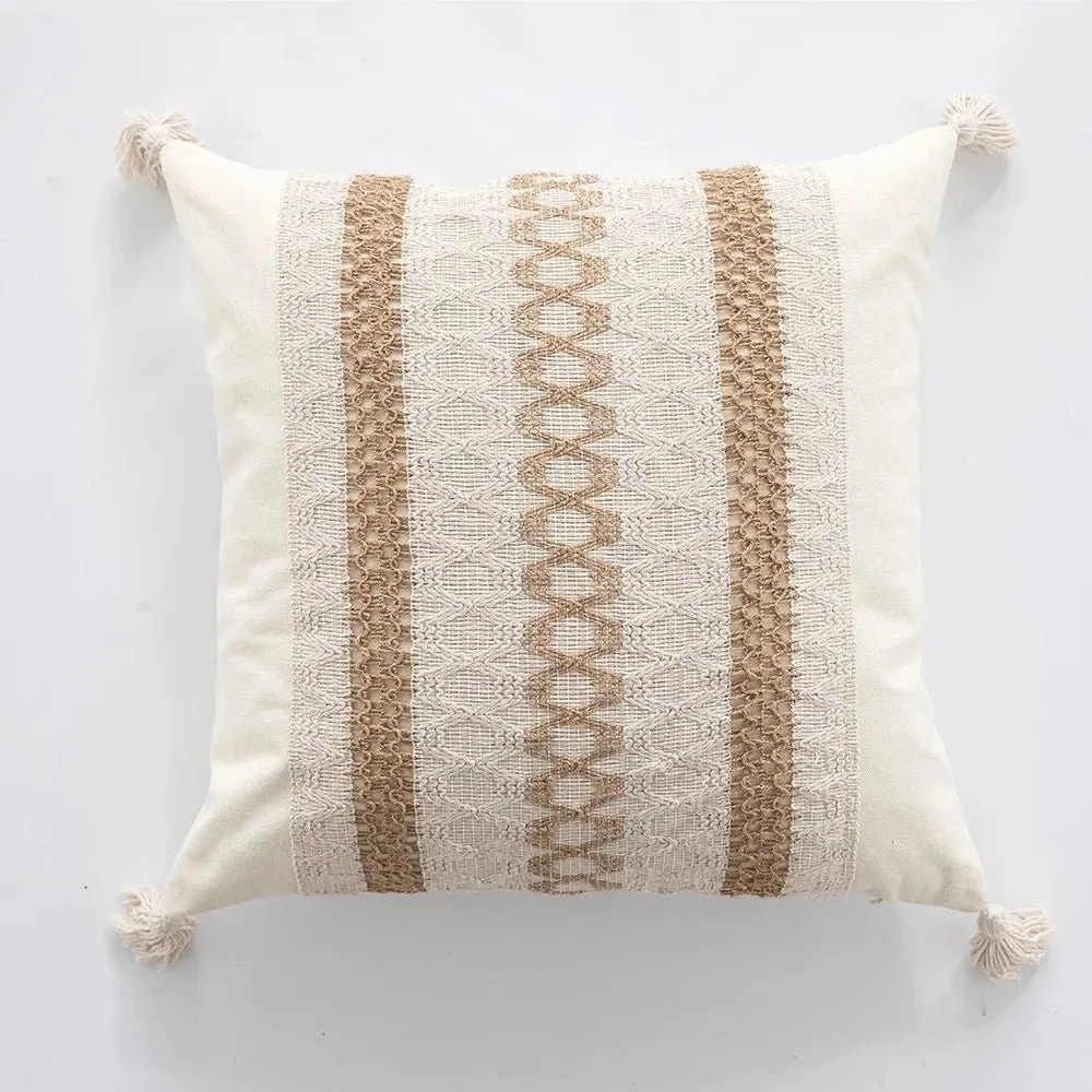 Bohemian Linen Fringed Throw Pillow Cover – Embroidered Decorative Cushion