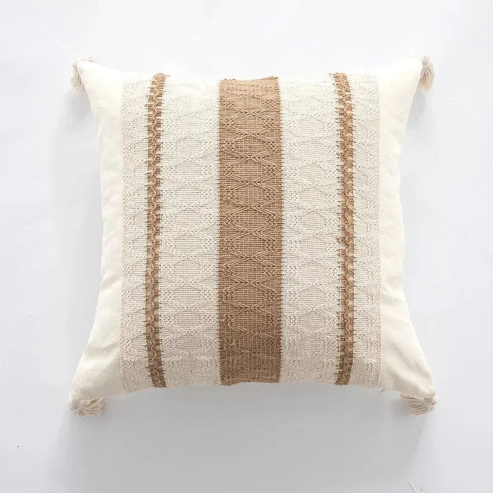 Bohemian Linen Fringed Throw Pillow Cover – Embroidered Decorative Cushion