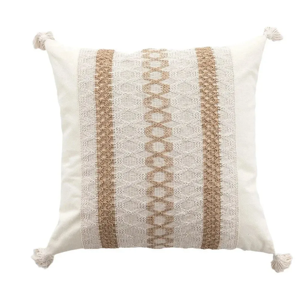 Bohemian Linen Fringed Throw Pillow Cover – Embroidered Decorative Cushion