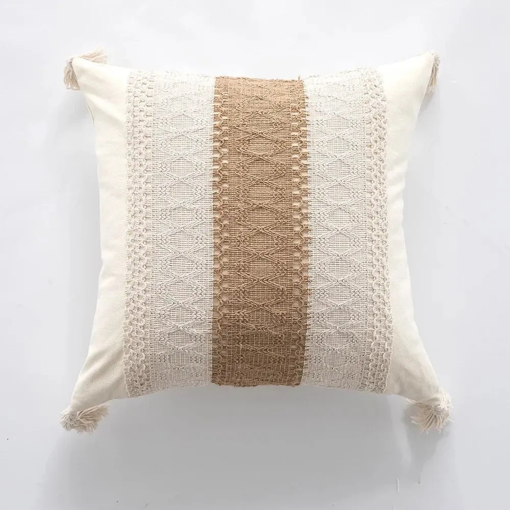 Bohemian Linen Fringed Throw Pillow Cover – Embroidered Decorative Cushion