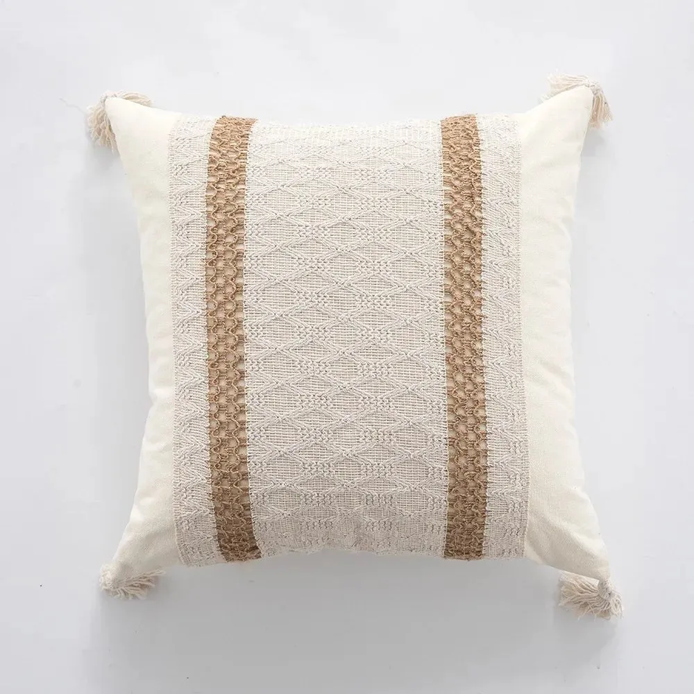 Bohemian Linen Fringed Throw Pillow Cover – Embroidered Decorative Cushion