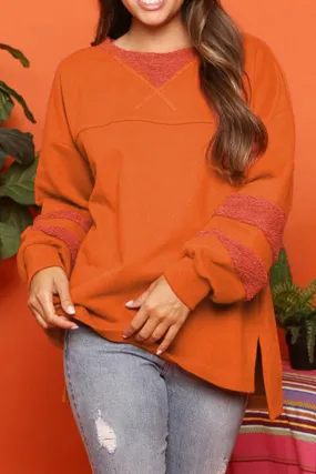 Carrot Fleece Patchwork Side Slits High Low Sweatshirt