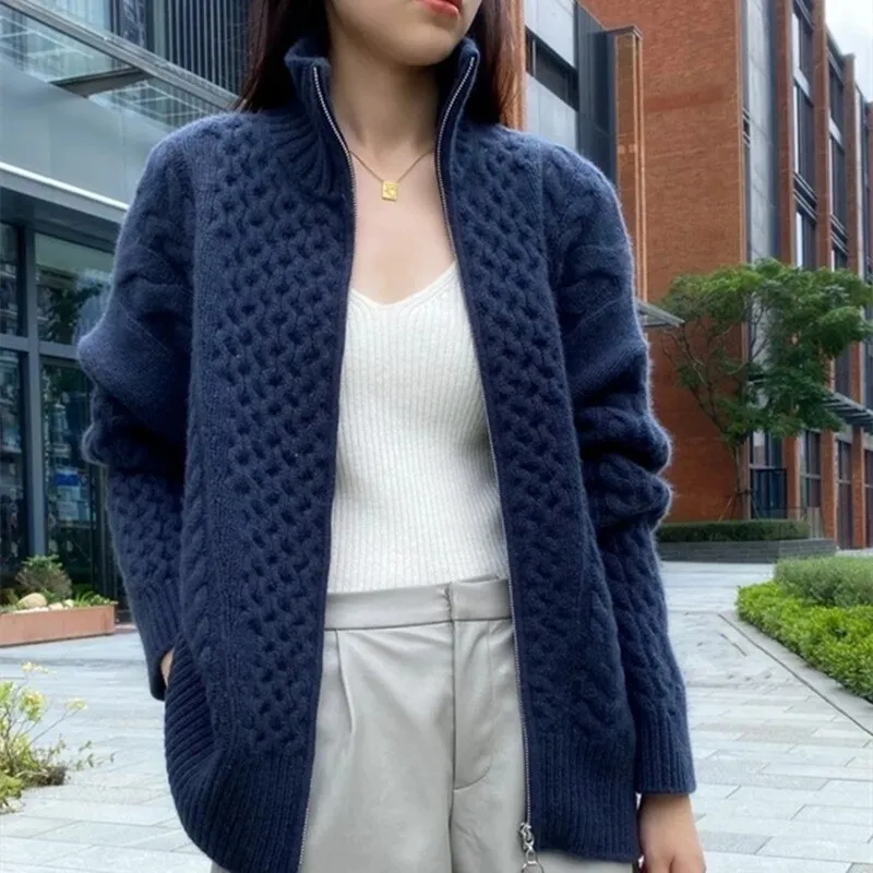 Cashmere Knitted Wool Cardigan for Women Thick Turtleneck Loose Oversize Wool Sweater