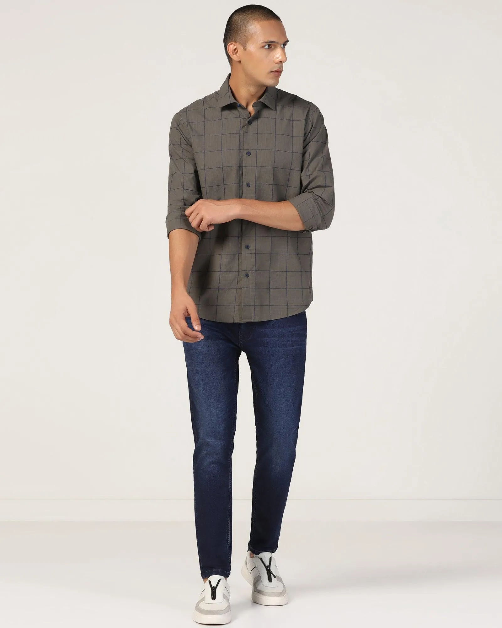 Casual Dark Olive Check Shirt - Enzo