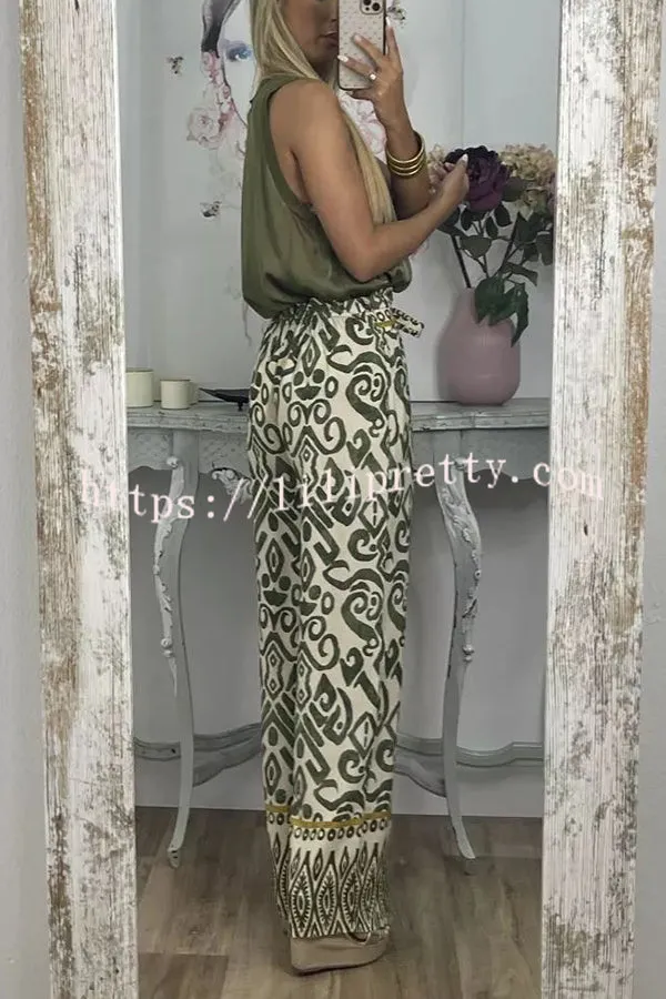 Cecilia Ethnic Print Tie Front Elastic Waist Wide Leg Pants