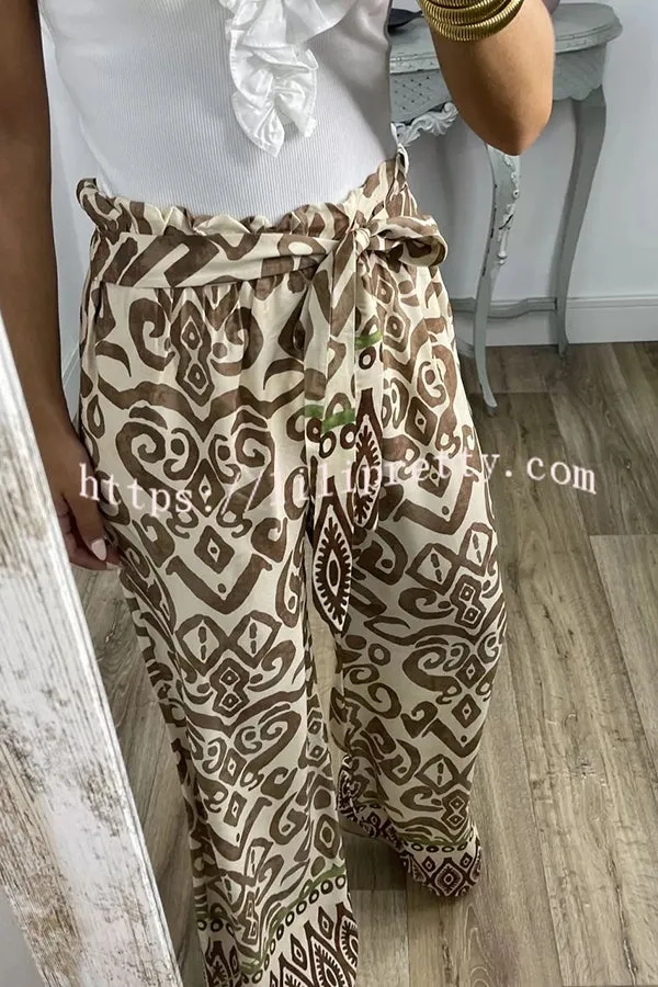 Cecilia Ethnic Print Tie Front Elastic Waist Wide Leg Pants