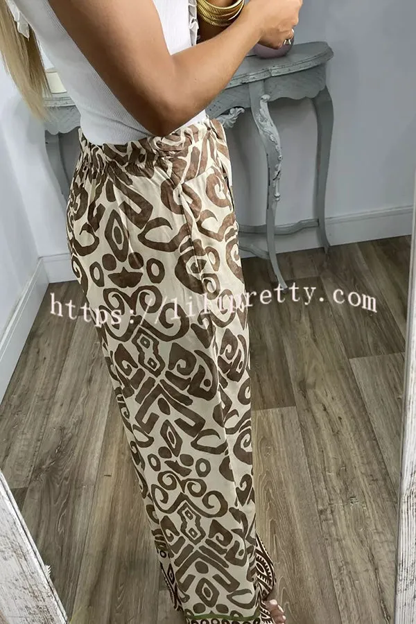 Cecilia Ethnic Print Tie Front Elastic Waist Wide Leg Pants