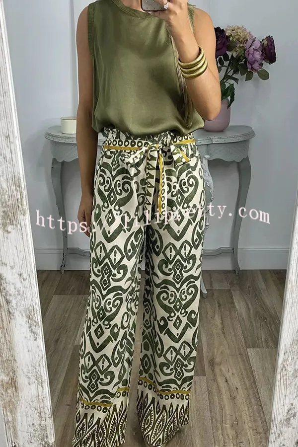 Cecilia Ethnic Print Tie Front Elastic Waist Wide Leg Pants