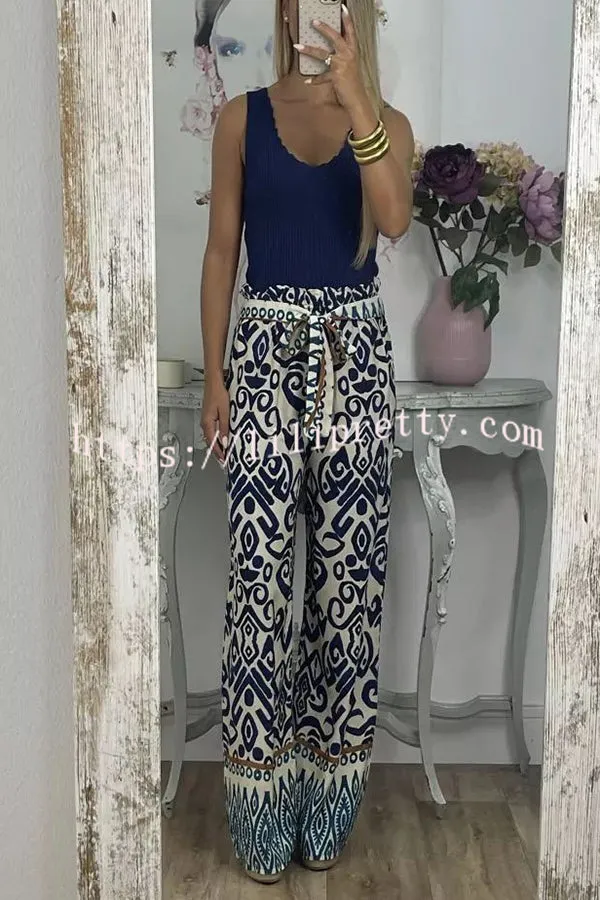 Cecilia Ethnic Print Tie Front Elastic Waist Wide Leg Pants