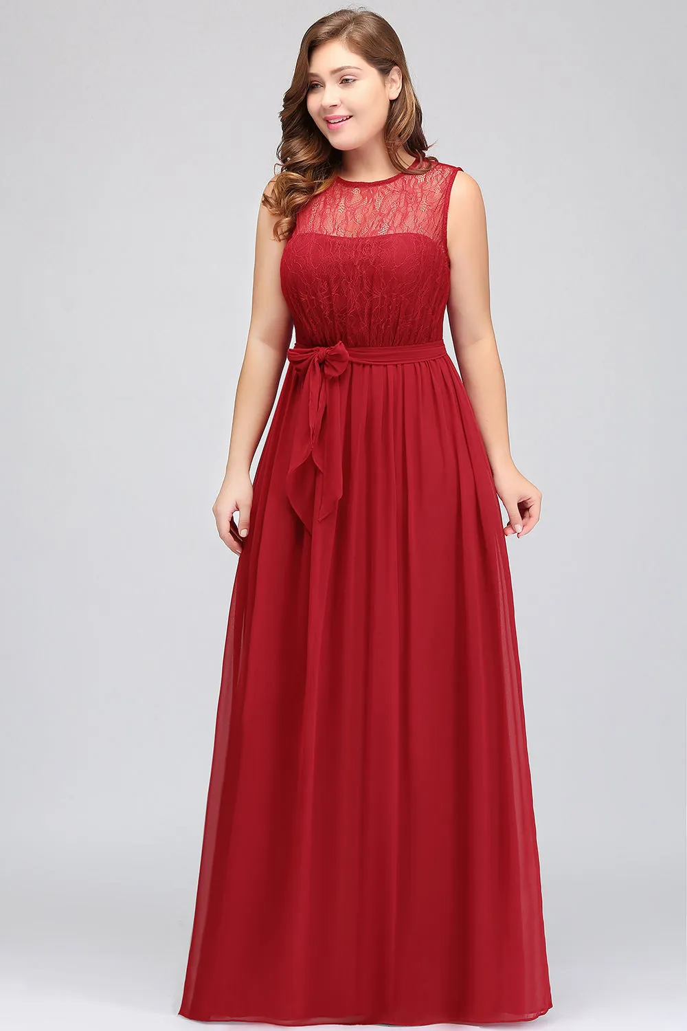 Chiffon Long A-Line Bateau Lace Chiffon Bridesmaid Dress With Bowknot