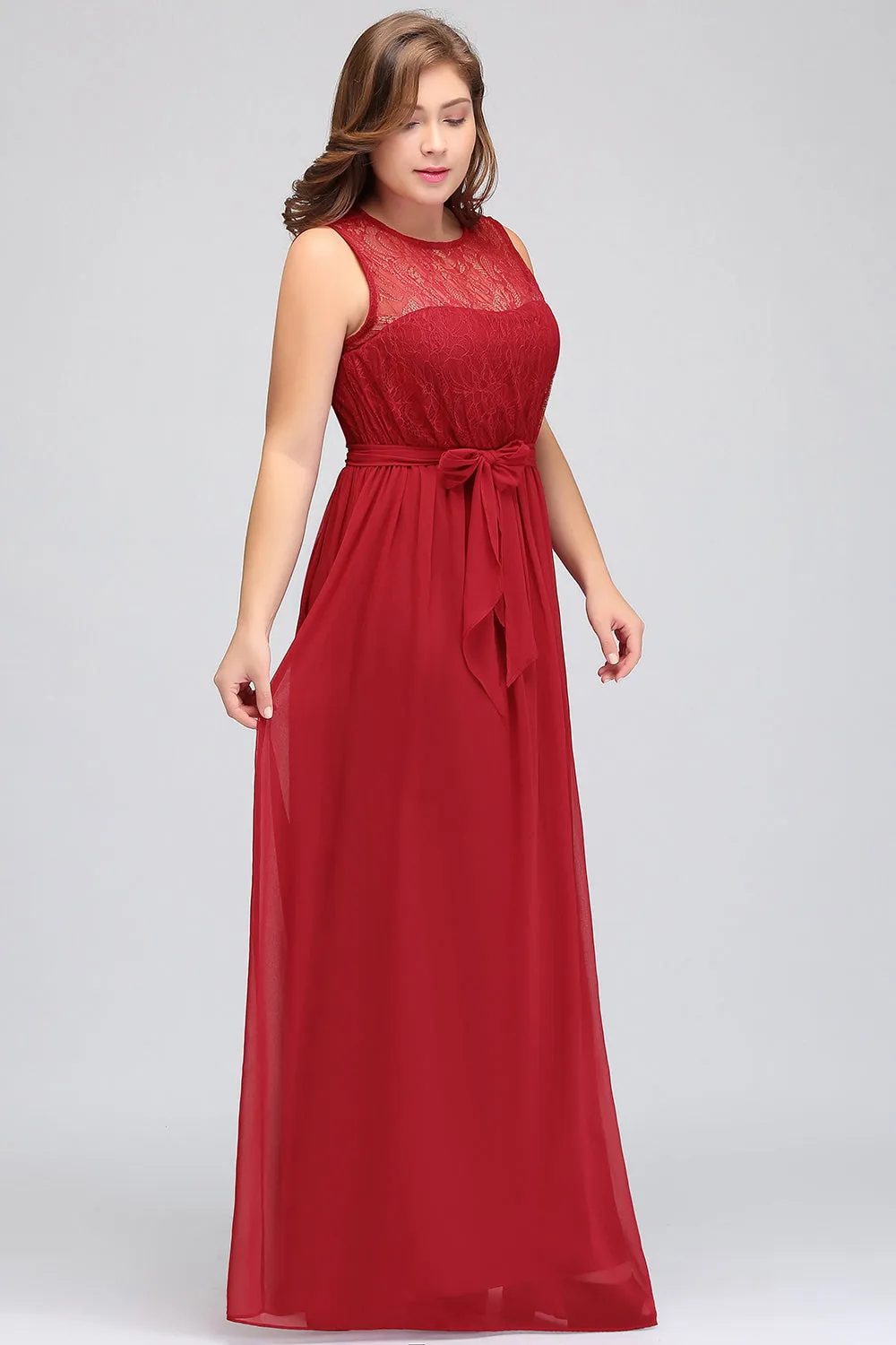 Chiffon Long A-Line Bateau Lace Chiffon Bridesmaid Dress With Bowknot