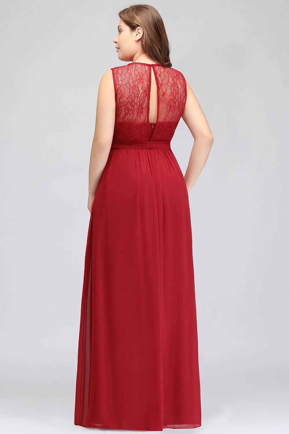 Chiffon Long A-Line Bateau Lace Chiffon Bridesmaid Dress With Bowknot