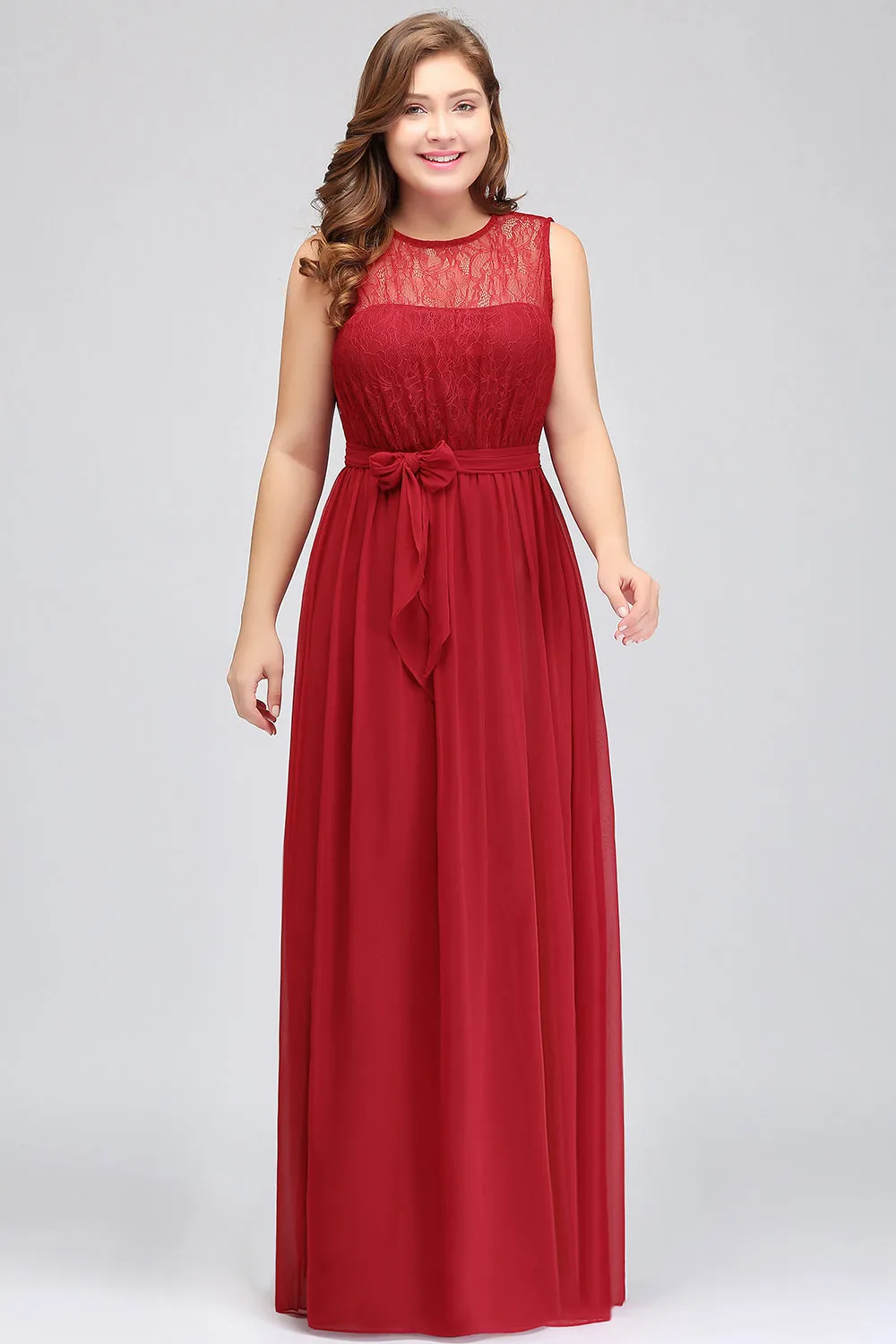 Chiffon Long A-Line Bateau Lace Chiffon Bridesmaid Dress With Bowknot