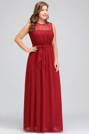 Chiffon Long A-Line Bateau Lace Chiffon Bridesmaid Dress With Bowknot