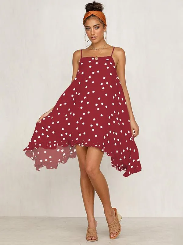 Chiffon Spaghetti-neck Dot Mini Dresses