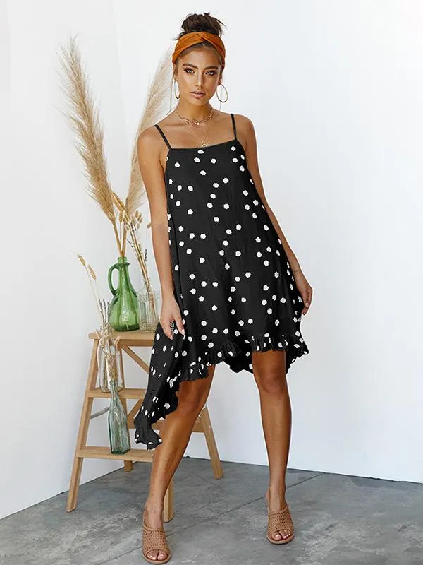 Chiffon Spaghetti-neck Dot Mini Dresses