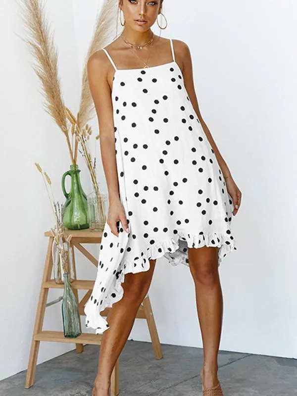 Chiffon Spaghetti-neck Dot Mini Dresses