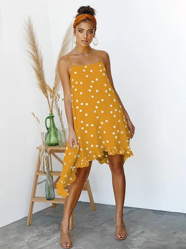 Chiffon Spaghetti-neck Dot Mini Dresses