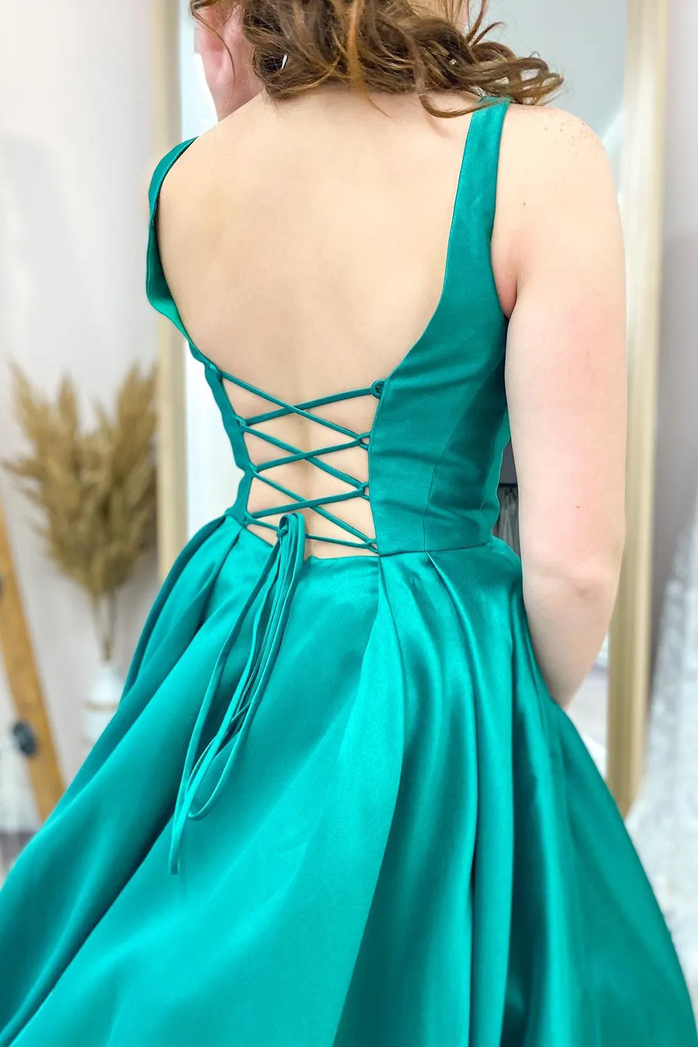 Classy Long A-line Spaghetti Straps Satin Backless Prom Dress With Pockets