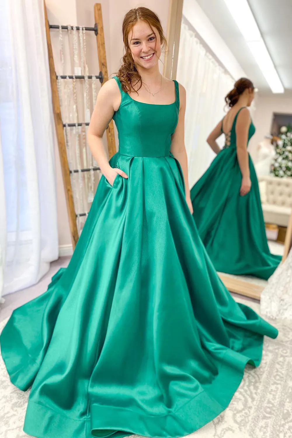 Classy Long A-line Spaghetti Straps Satin Backless Prom Dress With Pockets