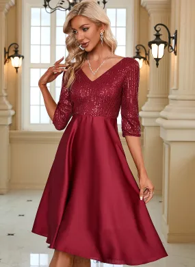 Club Dresses Midi Karla V-Neck Satin A-line Elegant 3/4 Sequins Dresses Sleeves