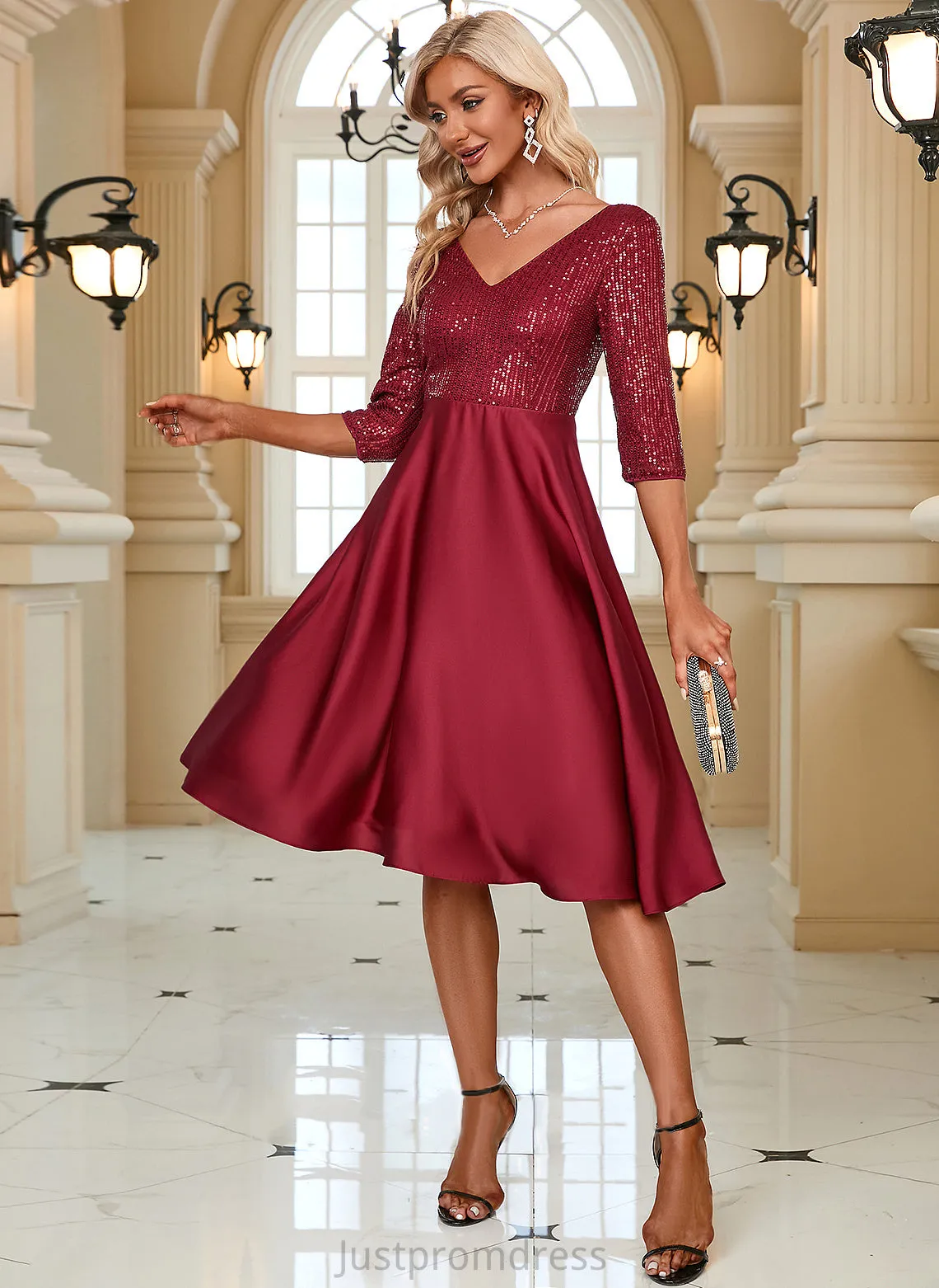 Club Dresses Midi Karla V-Neck Satin A-line Elegant 3/4 Sequins Dresses Sleeves