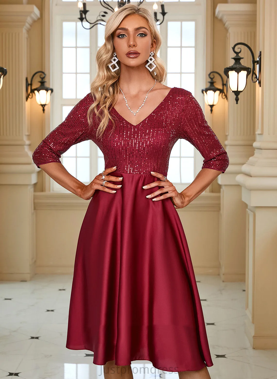 Club Dresses Midi Karla V-Neck Satin A-line Elegant 3/4 Sequins Dresses Sleeves