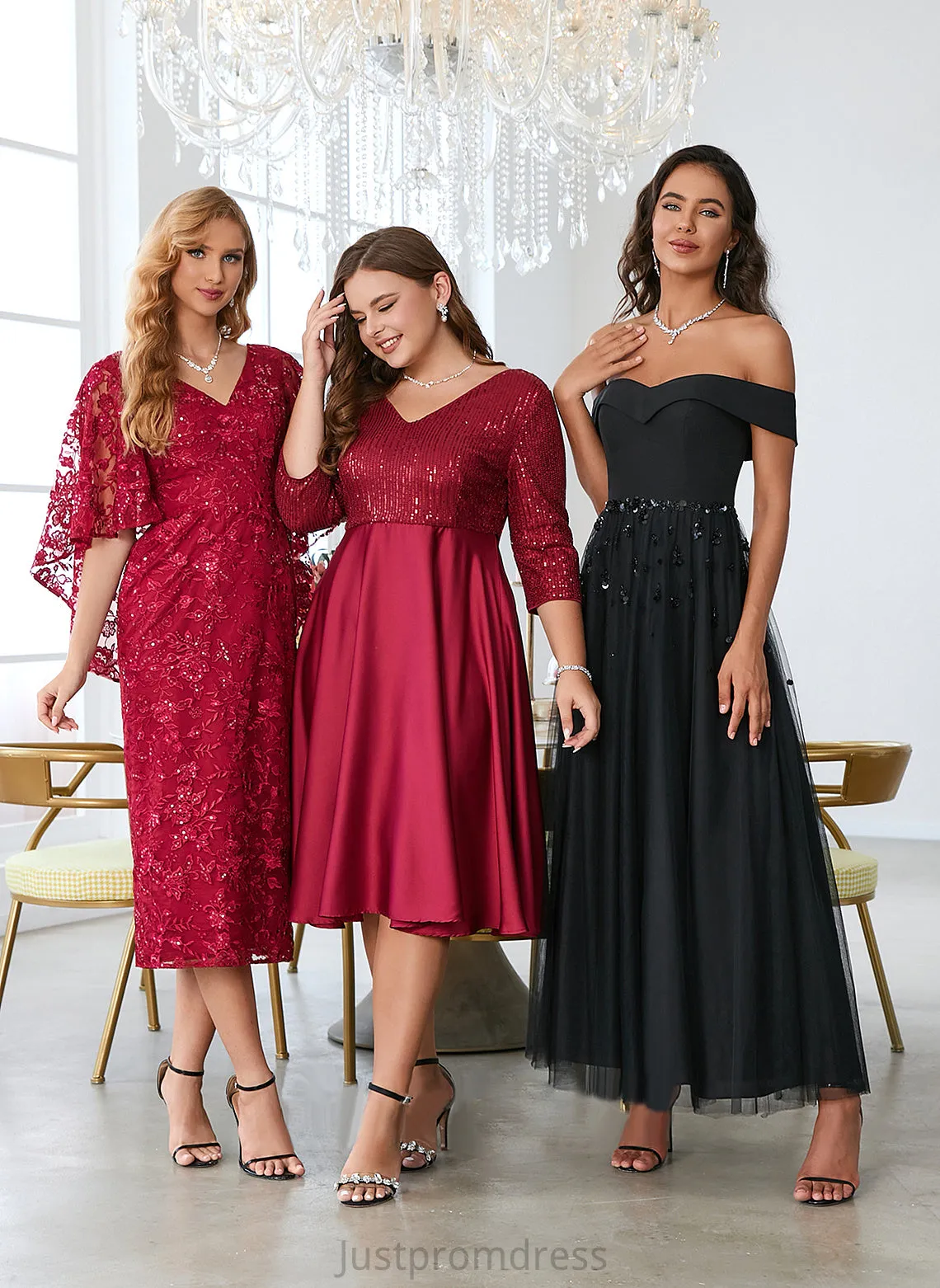 Club Dresses Midi Karla V-Neck Satin A-line Elegant 3/4 Sequins Dresses Sleeves