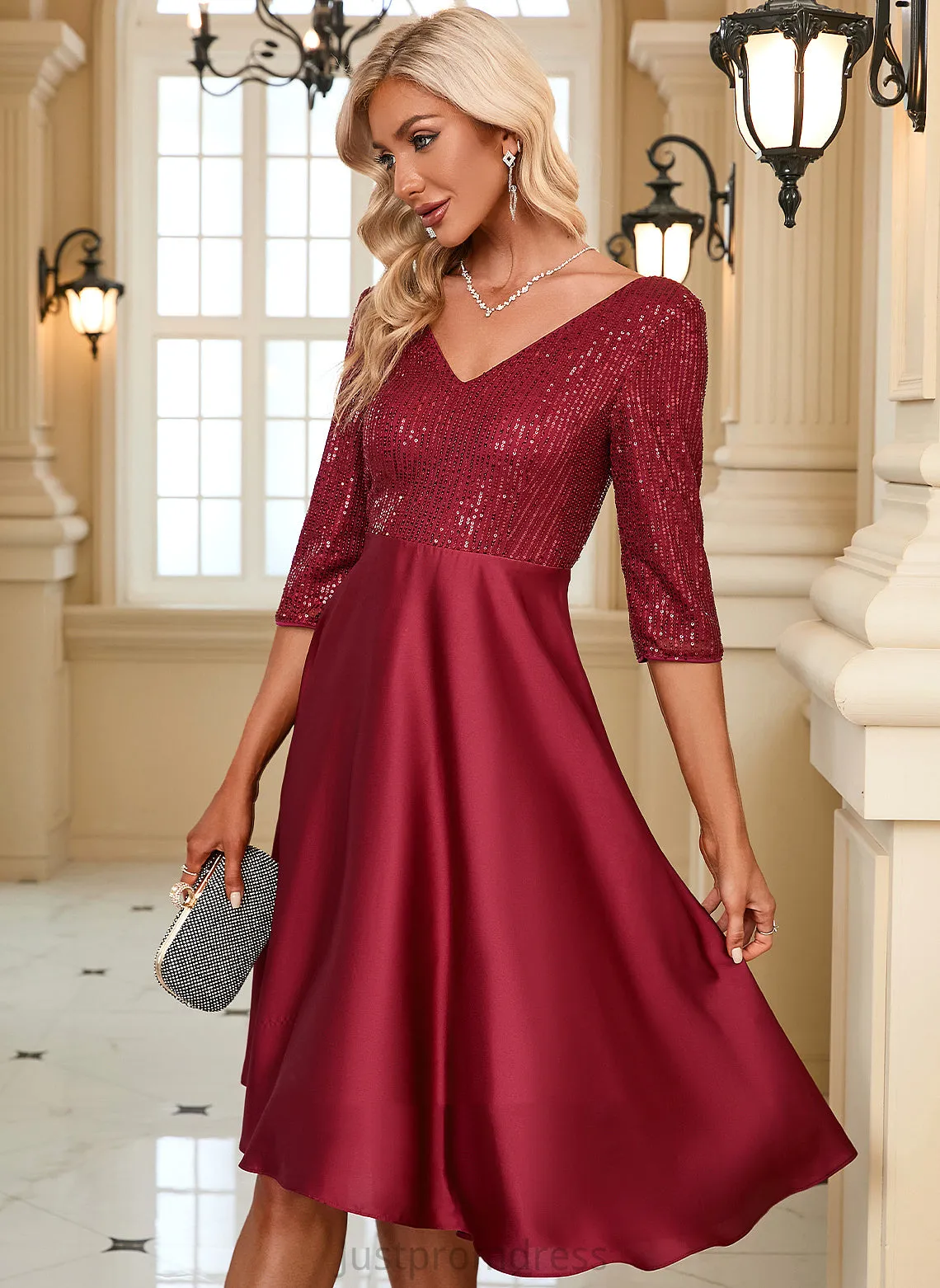 Club Dresses Midi Karla V-Neck Satin A-line Elegant 3/4 Sequins Dresses Sleeves