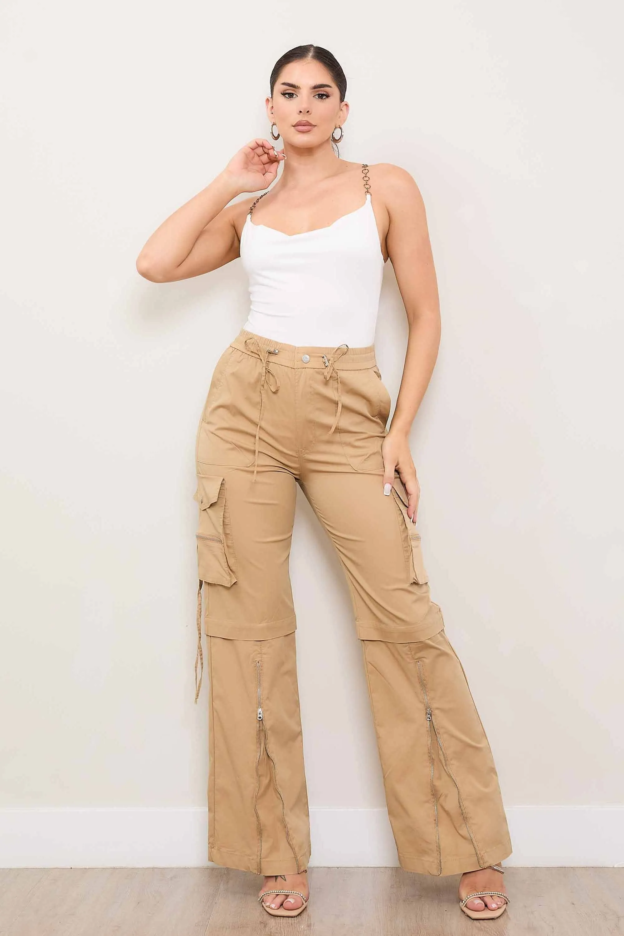 Color Cargo Pants with Zip Front Slit