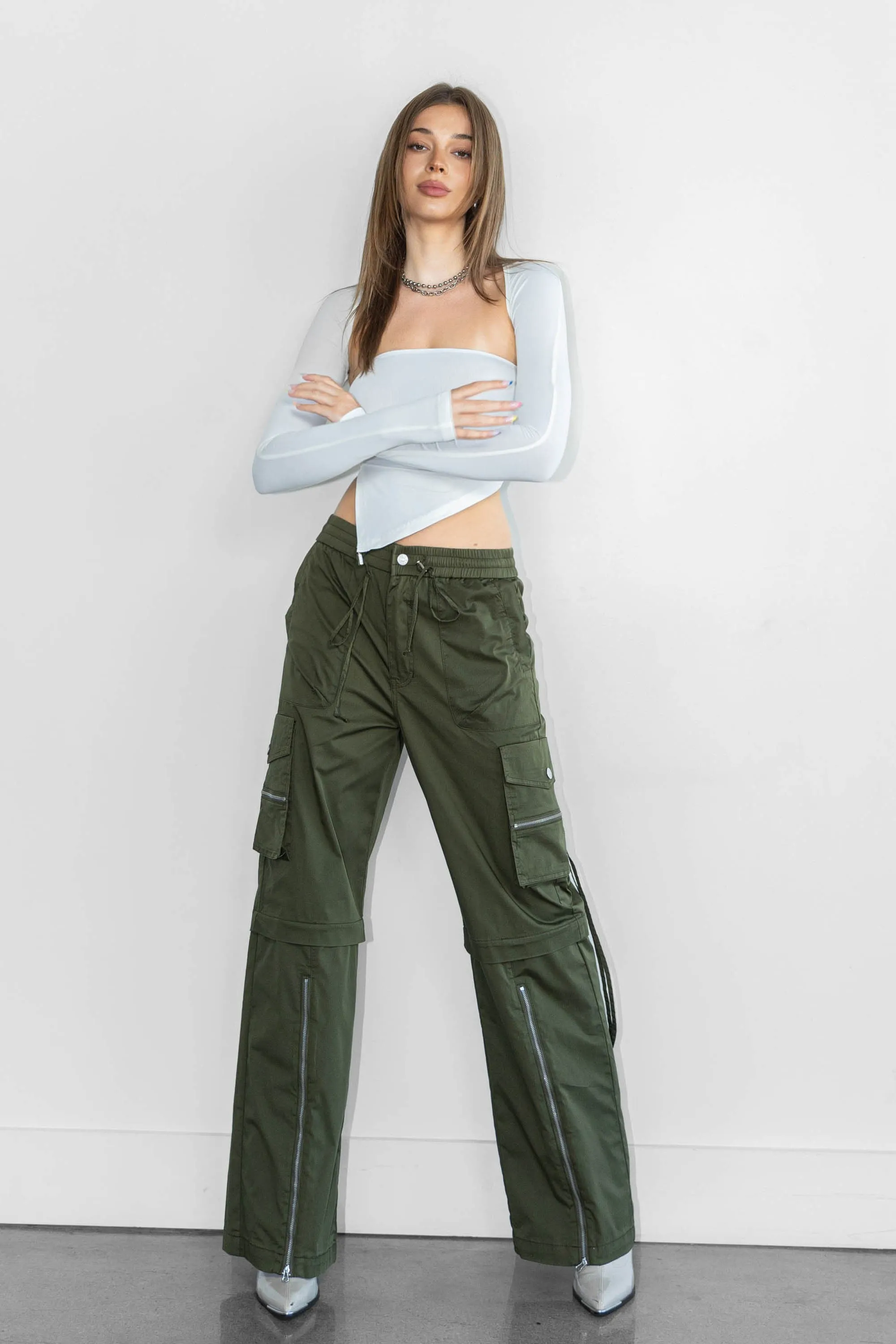 Color Cargo Pants with Zip Front Slit