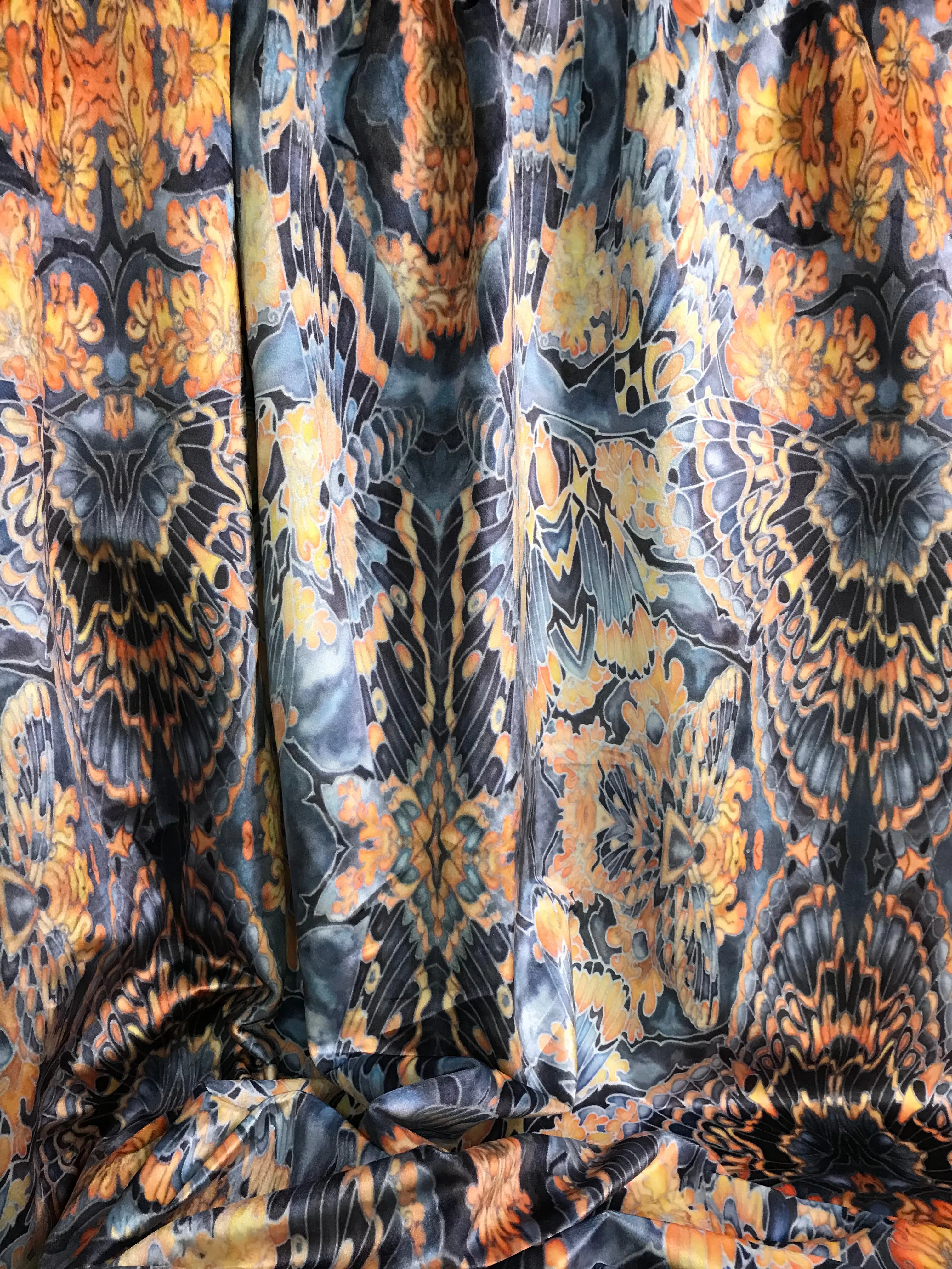 Contemporary Charcoal Orange Butterfly Moth Designer Luxury Velvet fabric for curtains, upholstery and soft furnishings