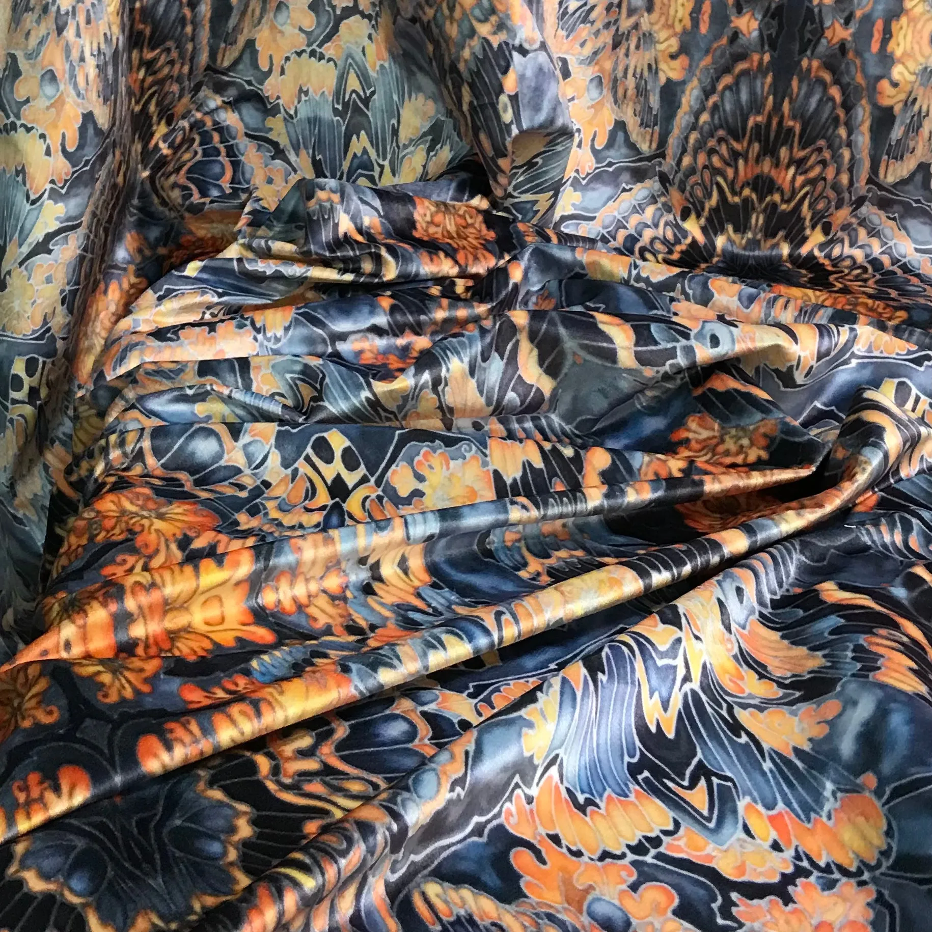 Contemporary Charcoal Orange Butterfly Moth Designer Luxury Velvet fabric for curtains, upholstery and soft furnishings