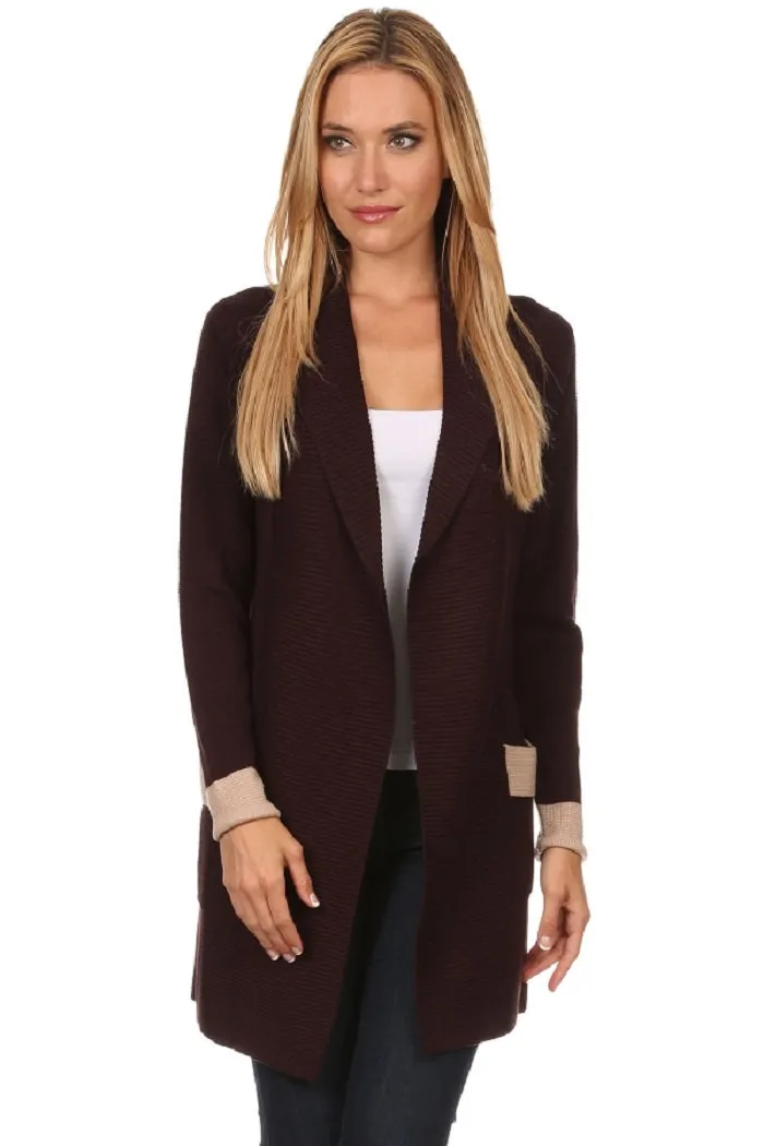 CRD-02353 Color Block Women's Open Front Ribbed Streamline Shawl Collar Cardigan Sweater