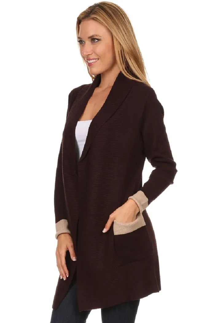 CRD-02353 Color Block Women's Open Front Ribbed Streamline Shawl Collar Cardigan Sweater