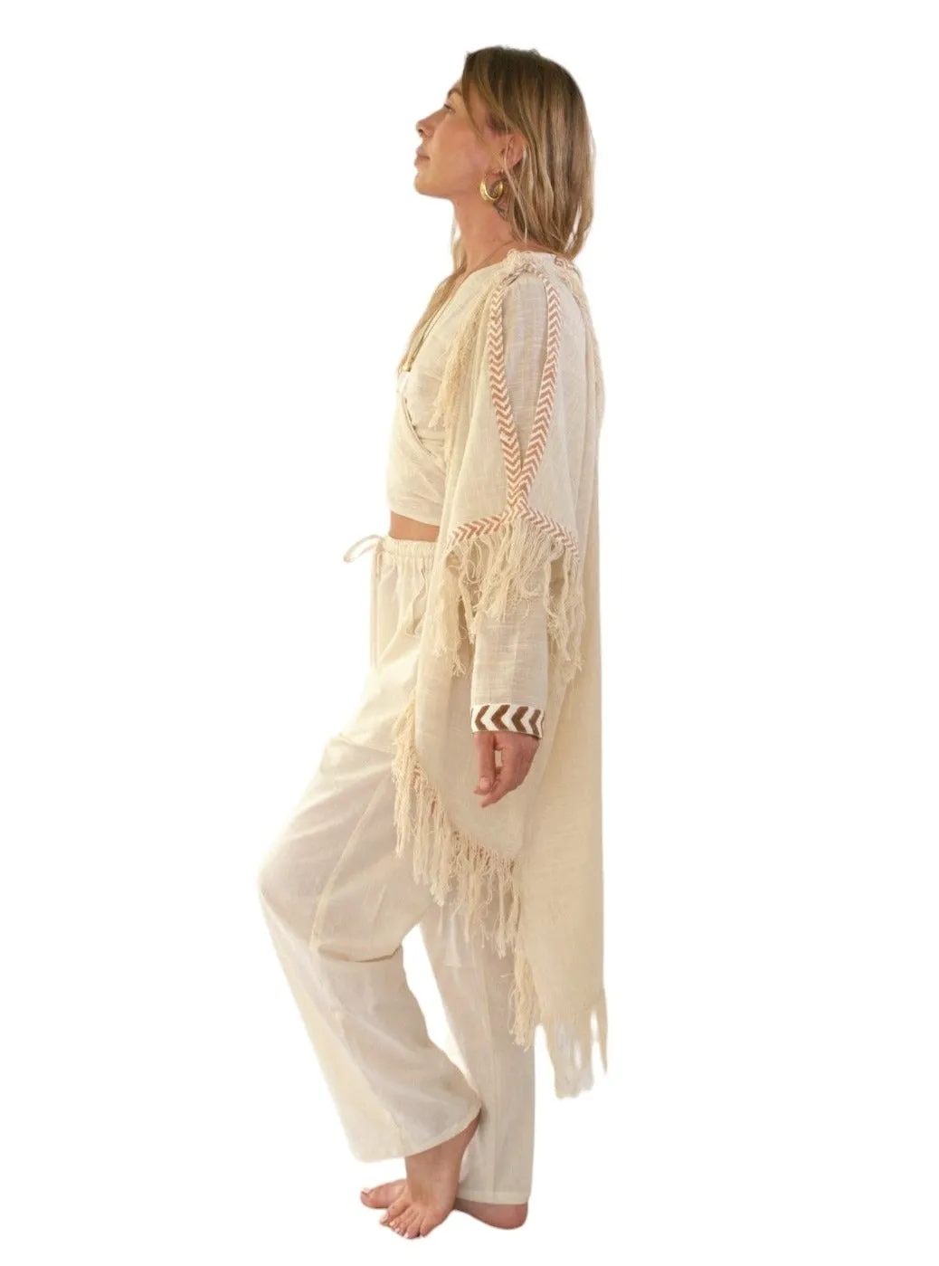 Cream Organic Cotton Shrug with Fringe