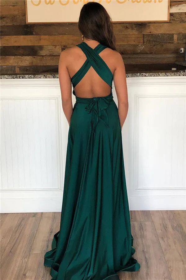 Dark Green Long A-Line Halter Open Back Prom Dress With Slit