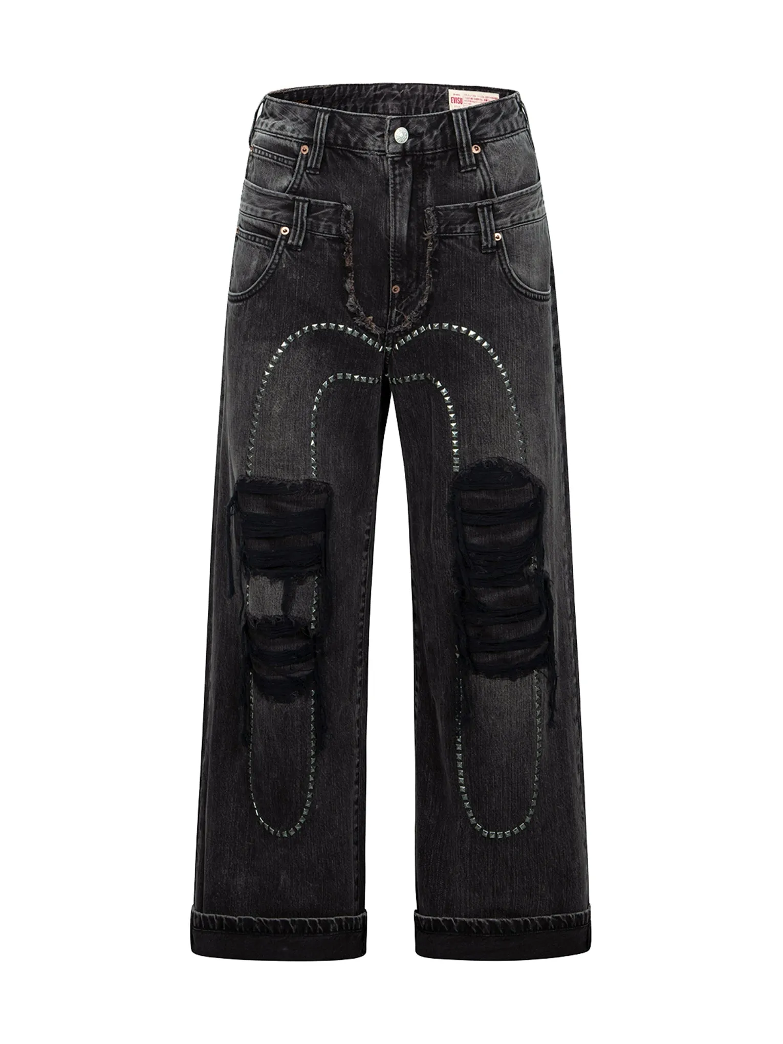 Distressed Studded Daicock and Fair Isle Snowflake Printed Pocket Fashion Fit Jeans