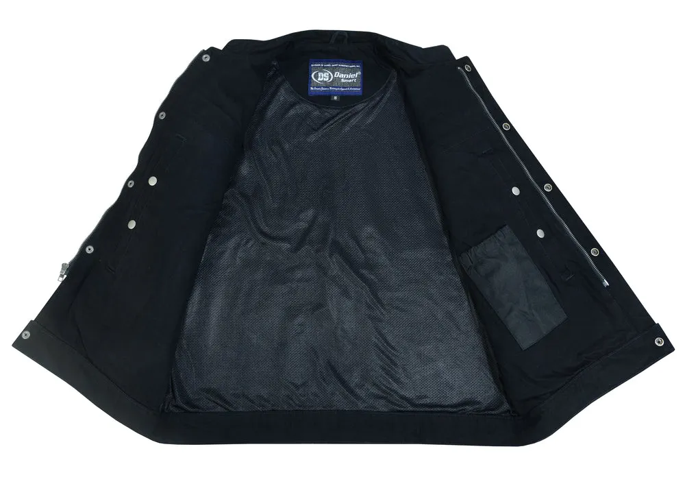 DM989BK Concealed Snap Closure, Denim Material, Scoop Collar & Hidden