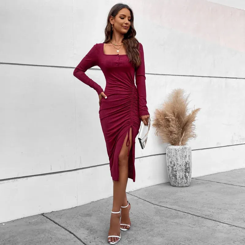 Drawstring Split Elegant High Waist Skinny A-Line Midi Dress