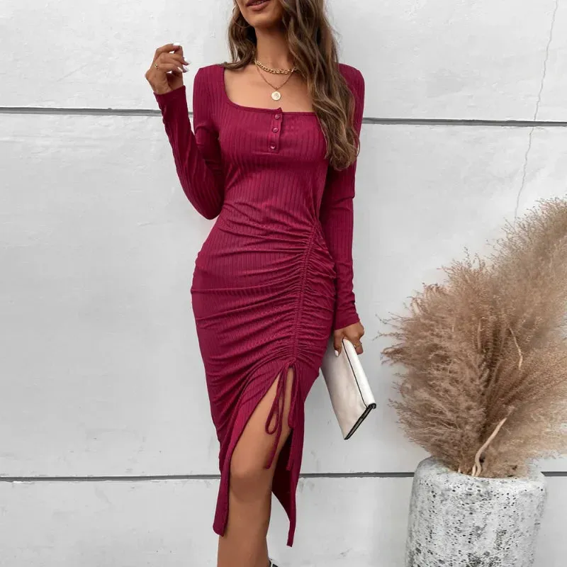 Drawstring Split Elegant High Waist Skinny A-Line Midi Dress