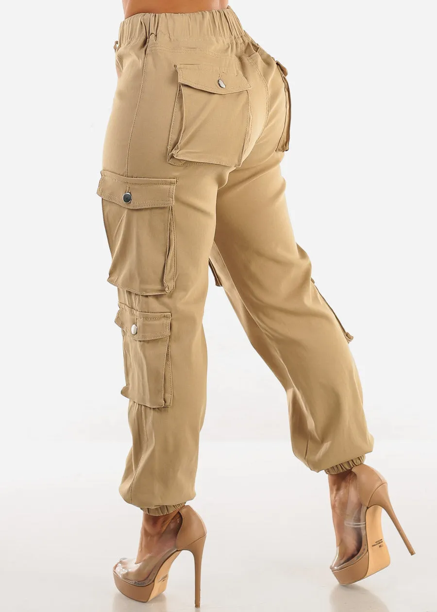 Drawstring Waist Hyper Stretch Cargo Jogger Pants Khaki