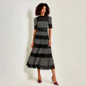 Elegant Contrast Lace Embroidery Half Sleeve Fit and Flare Cocktail Midi Dress