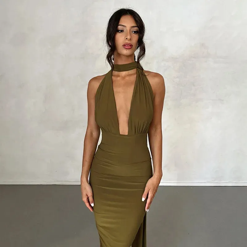 Elegant Deep V Neck Summer Bandage Bodycon Backless Sexy Midi Dress