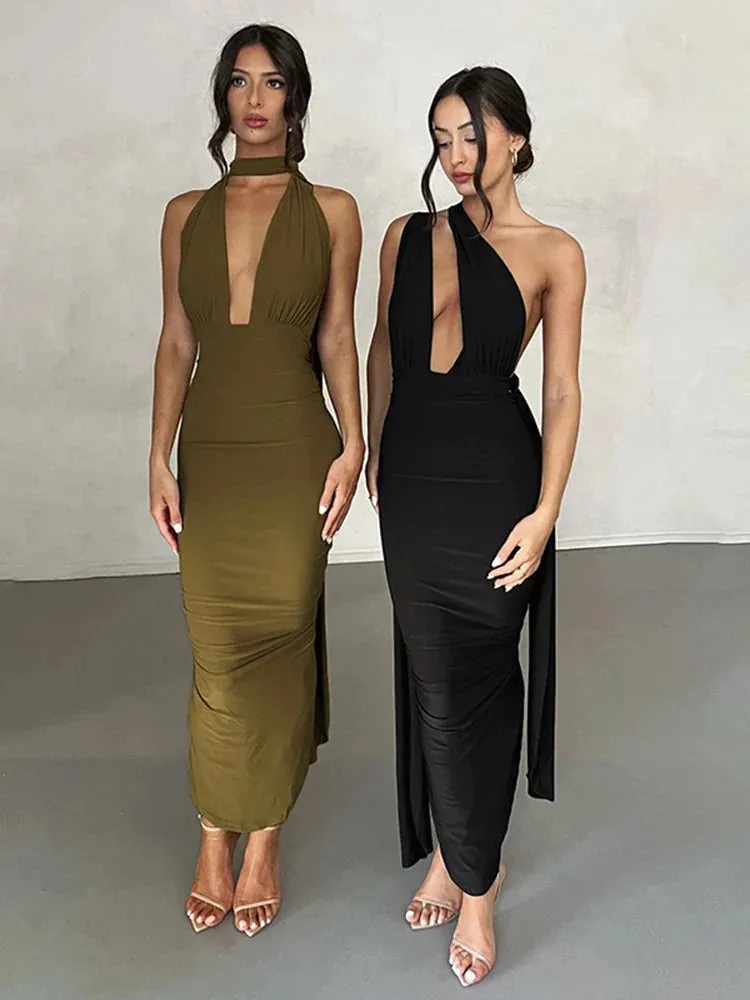 Elegant Deep V Neck Summer Bandage Bodycon Backless Sexy Midi Dress