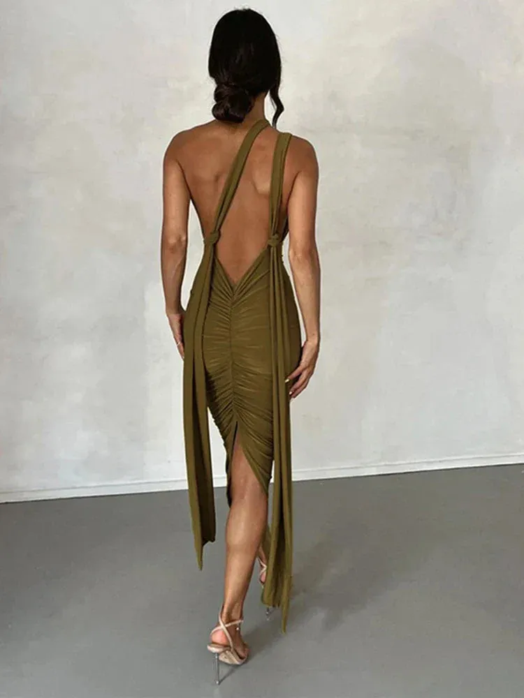 Elegant Deep V Neck Summer Bandage Bodycon Backless Sexy Midi Dress