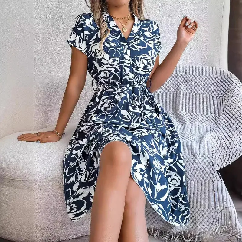 Elegant Floral Print Button Short Bat Sleeve A-line Midi Dress